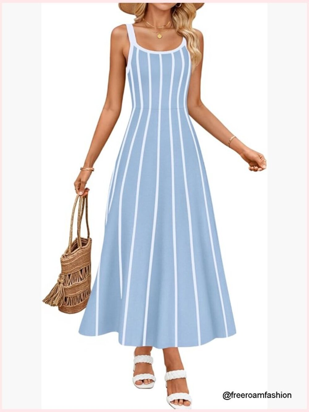 Sleeveless Striped Midi Dress A-Line Swing Knit Casual Beach Vacation